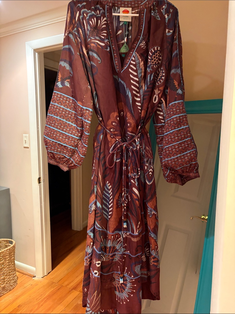 FARM Rio Brown and Blue Printed Midi Dress